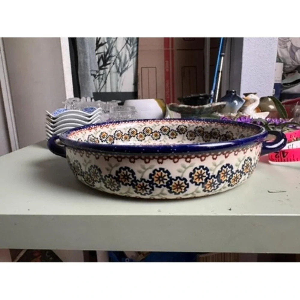 Vintage Hand-painted Serving Dish Stoneware Cobalt Blue Floral‎ Unikat Pattern